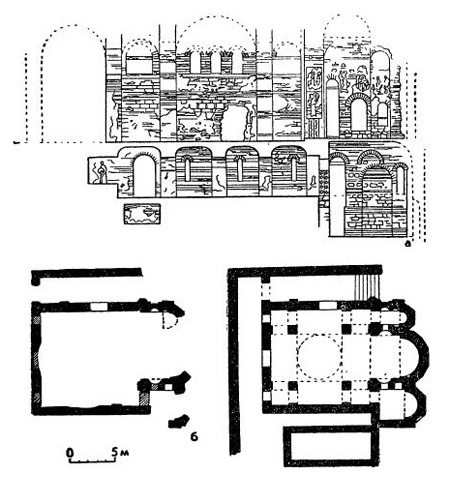 Константинополь. Мечеть Одалар, конец XII в.: а — разрез; б — план современного здания; в — план первоначального здания (реконструкция)