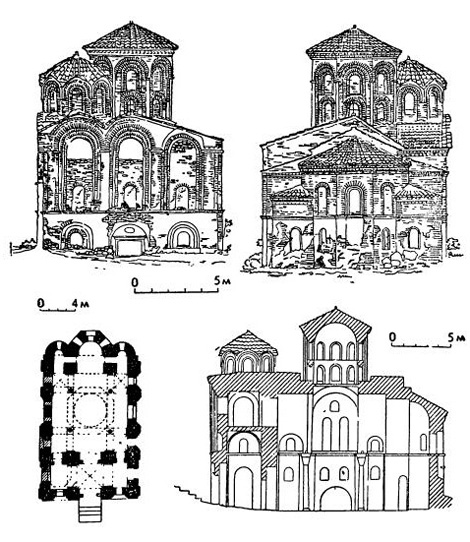 Фессалоники. Мечеть Казанджиляр, 1028 г.: восточный и западный фасады, план, продольный разрез