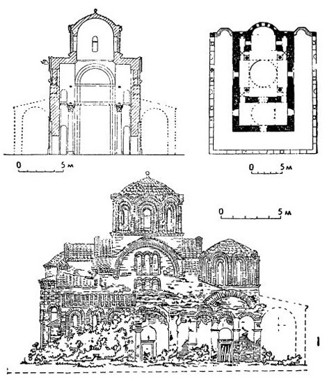 Фессалоники. Церковь Пантелеймона, начало  XIII в.: поперечный разрез, план, северный фасад
