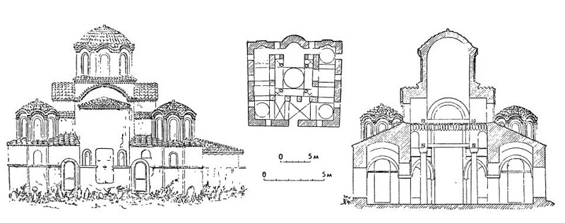 Фессалоники. Мечеть Якуб-Паша-Джами, XIII в.: восточный фасад, план, поперечный разрез