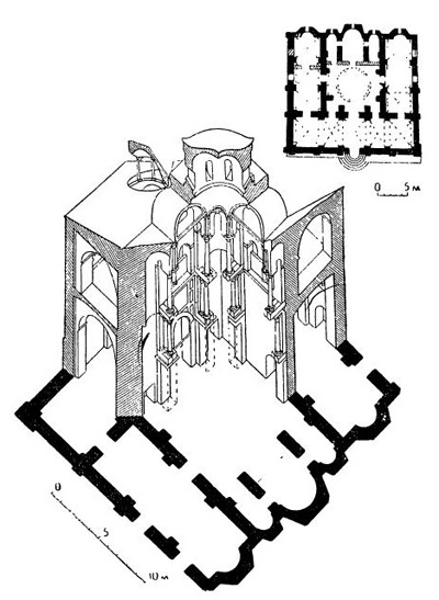 Арта в Греции. Церковь Парагоритисса, конец XIII в.: план и аксонометрический разрез