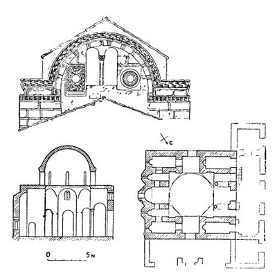 Мистра. Церковь Федора, 2-я половина XIII в.: деталь западного фасада, продольный разрез и план