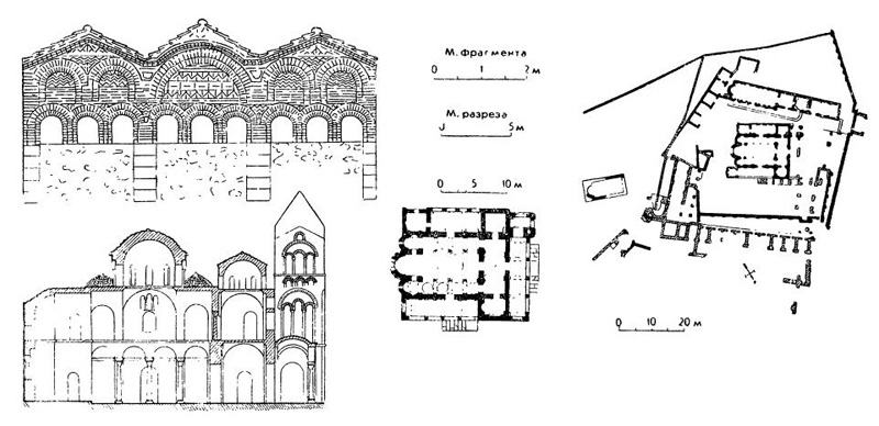 Мистра. Монастырь Бронтохион, начало XIV в. Фрагмент южного фасада, продольный разрез и план; генеральный план монастыря