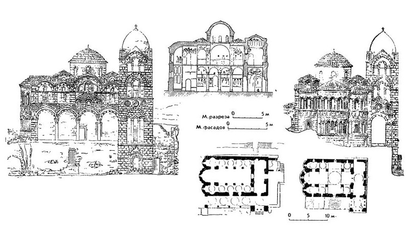 Мистра. Церковь Паптанассы, 2-я половина XV в.: северный фасад, продольный разрез, восточный фасад, планы па уровне пола и на уровне хор