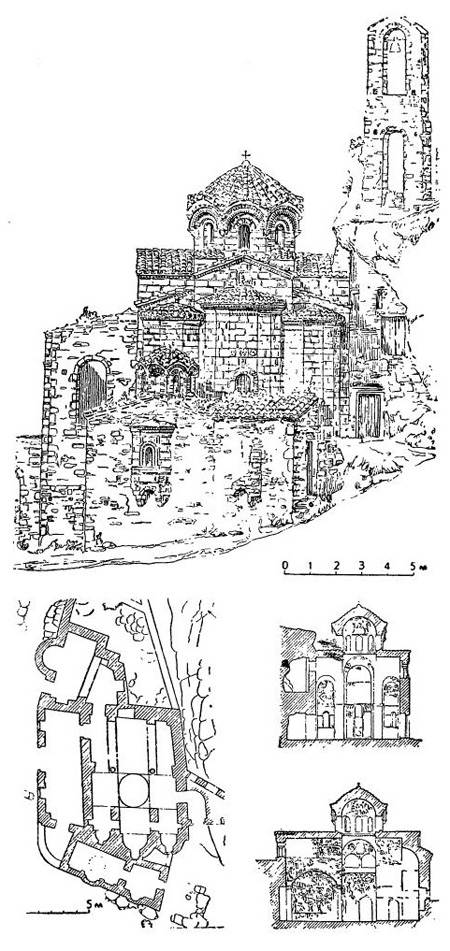 Мистра. Церковь Перивлепта, XIII—XV вв.: восточный фасад, план, продольный и поперечный разрезы