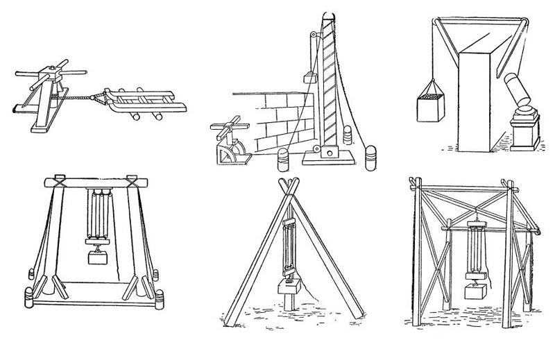 Изображения строительных машин и приспособлений, описанных Героном Александрийским в его «Механике»