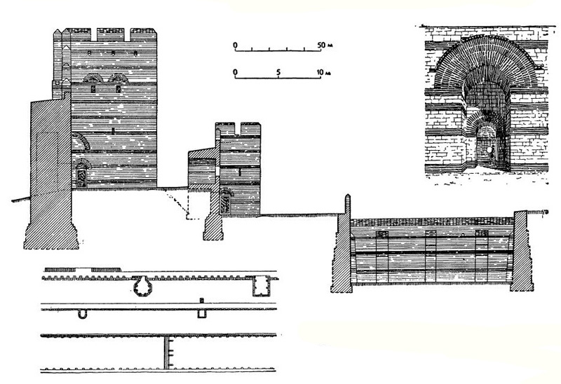 Константинополь. Фрагмент сухопутных стен. Поперечный разрез, деталь (ворота), план