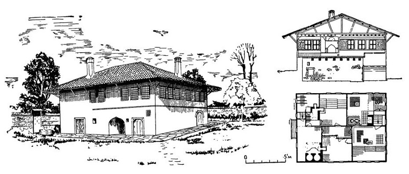 Село Арбанаси. Дом Хаджиилиева. Общий вид, план верхнего этажа и разрез