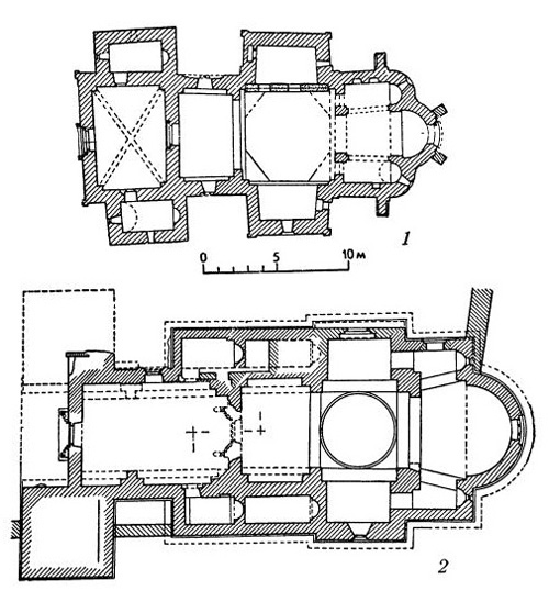 1 — Градац. Церковь, 1270-е годы (план); 2 - Баньска. Церковь 1313—1317 гг. (план)