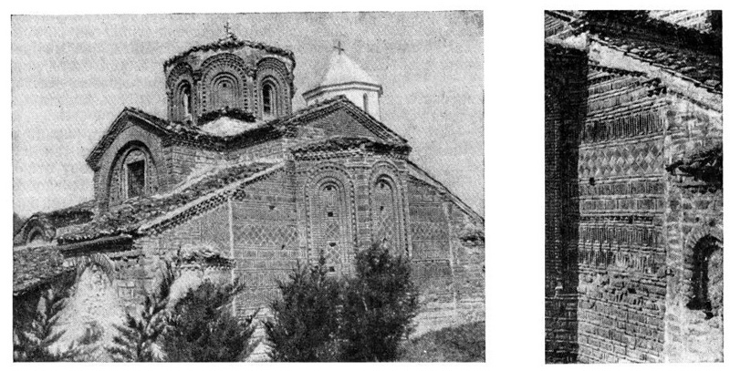 Охрида. Церковь Богородицы Перивлепты (ныне Климента), 1295 г. Общий вид с юго-востока и фрагмент восточного фасада