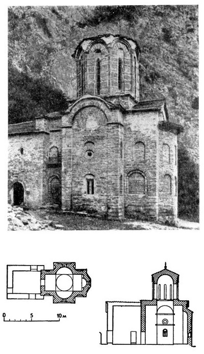 Монастырь Андреаша на Треске. Церковь, 1389 г. Общий вид, разрез, план
