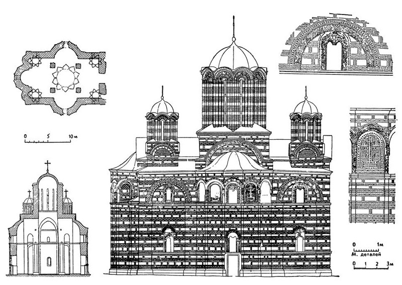 Раваница. Церковь. Северный фасад, план, разрез, детали фасада