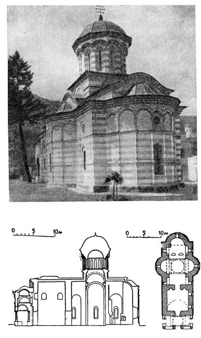 Монастырь Козия. Церковь, конец XIV в. Общий вид с юго-востока, план и разрез
