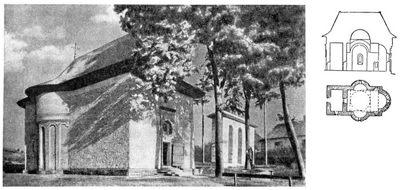 Сирет. Церковь Троицы, конец XIV — начало XV в. Общий вид с северо-запада, план и разрез