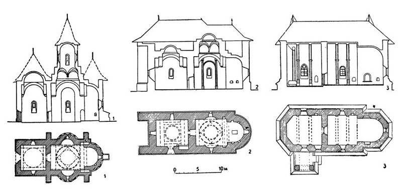 Главнейшие типы церквей времен Стефана Великого: 1 — церковь Илии близ Сучавы; 2 — церковь в Арборе; 3 — церковь в Бэлнешти