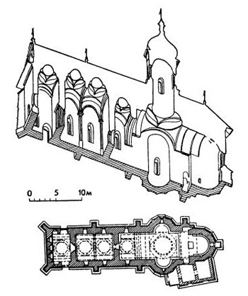 Монастырь Нямц. Церковь, конец XV в. Аксонометрический разрез и план