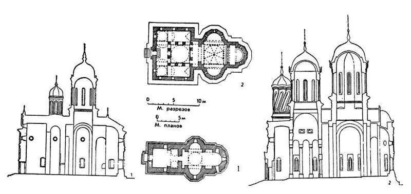 Церкви начала XVI в.: 1 — церковь монастыря Дялу (план и разрез); 2 — епископская церковь Арджеш (план и разрез)