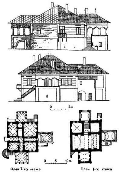 Село Коцофени в области Крайова. Дом Коцофяну, 2-я половина XVII в. Фасады и планы 1-го и 2-го этажей