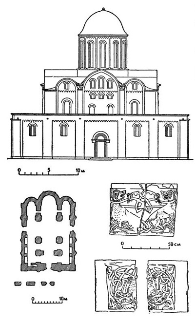 Чернигов. Борисоглебский собор, XII в. (западный фасад, план, капитель из раскопок)