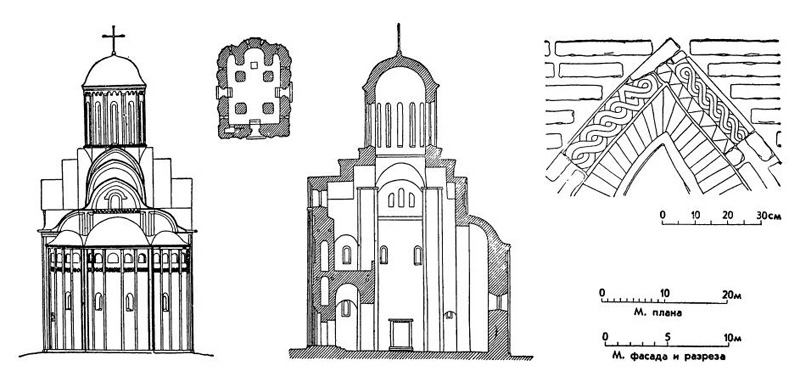 Чернигов. Пятницкая церковь, конец XII — начало XIII в. Восточный фасад, план, продольный разрез, деталь портала
