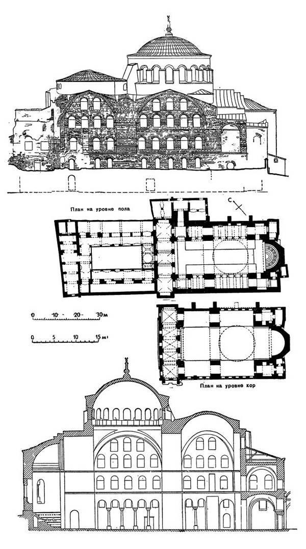 Константинополь. Церковь Ирины, 532 г., перестроена в VI—VIII вв.: южный фасад, план нижнего этажа, план на уровне хор, продольный разрез