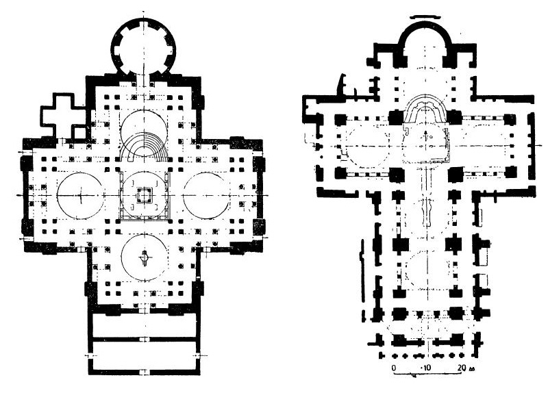 Планы церквей Апостолов в Константинополе (реконструкция Сотириу) и Иоанна в Эфесе, VI в.