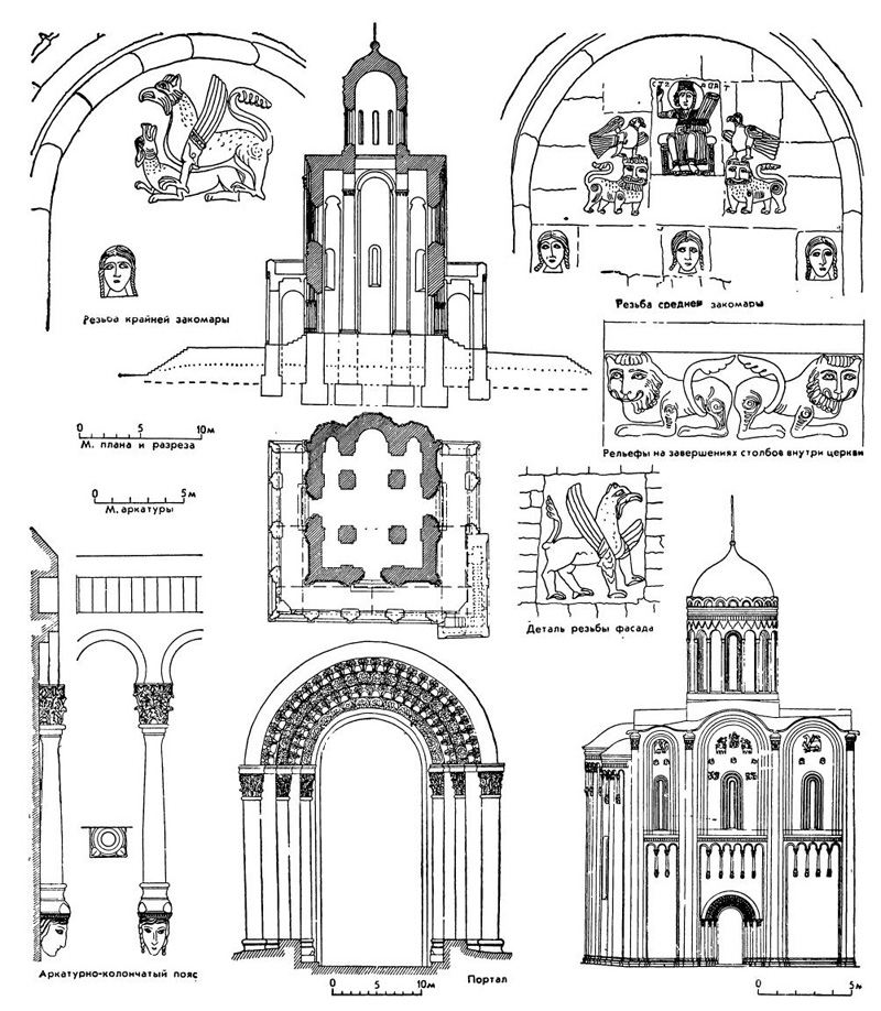 Церковь Покрова на Нерли, 1165 г.: разрез (с подземными частями); план (с галереями); северный фасад; детали