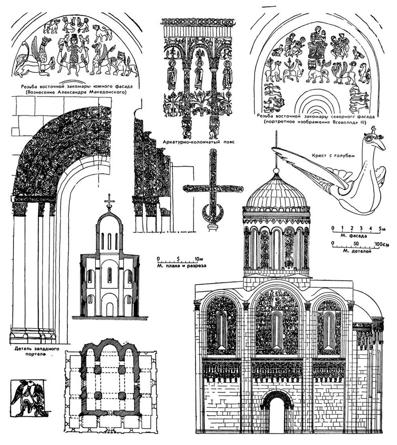 Владимир. Дмитриевский собор: поперечный разрез; план (с галереями); южный фасад; детали