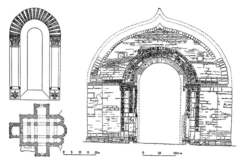 Суздаль. Собор Рождества богородицы, 1222—1225 гг.: план, фасад южного притвора; окно южного фасада
