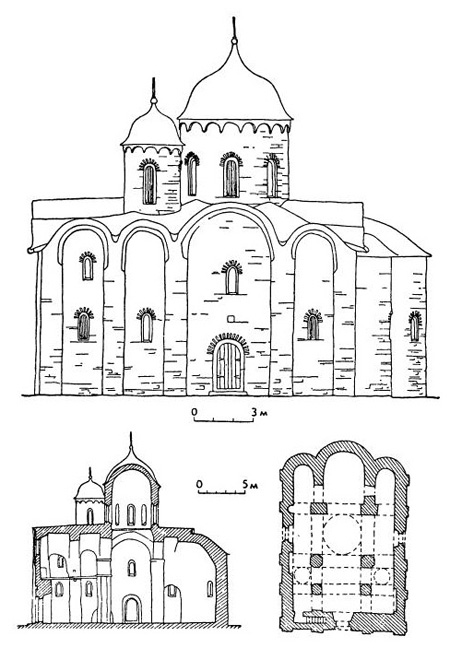 Псков. Собор Ивановского монастыря: продольный разрез, план, южный фасад