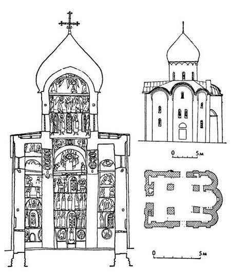 Церковь Спаса на Нередице близ Новгорода: поперечный разрез, южный фасад, план
