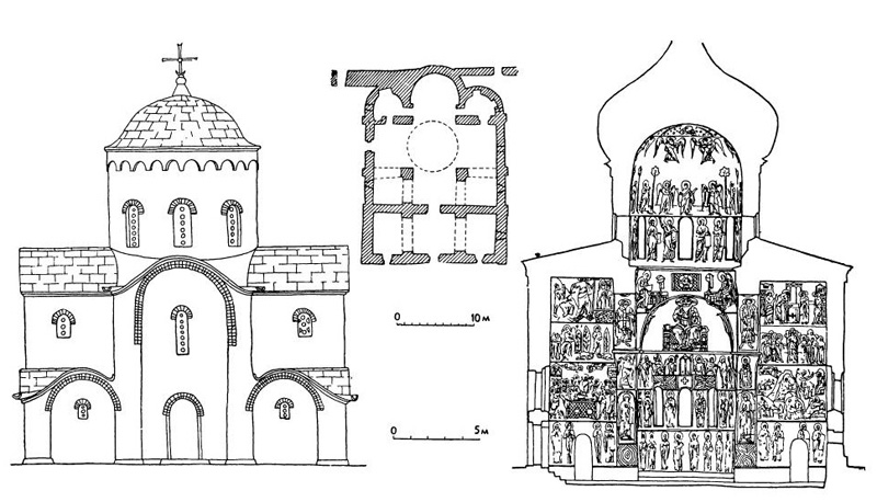 Псков. Собор Мирожского монастыря, до 1156 г.: план, поперечный разрез, западный фасад (реконструкция)