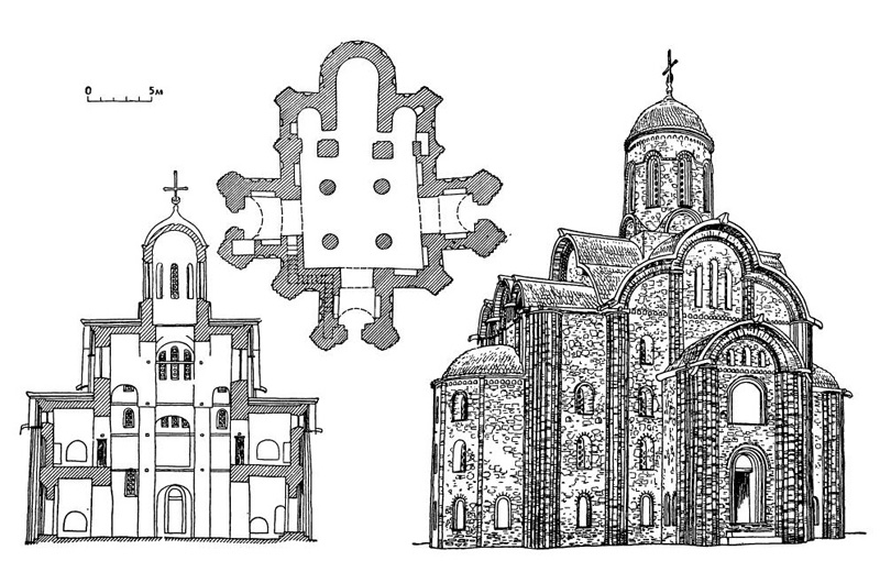 Новгород. Пятницкая церковь на Ярославовом дворище, 1207 г.: план, поперечный разрез, перспективный вид (реконструкция)