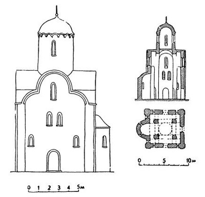 Церковь Перынского скита близ Новгорода: южный фасад (реконструкция), продольный разрез, план