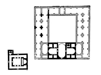 Каср-ибн-Вардан в Сирии. План дворца и купольной базилики, 564 г. и след. гг.