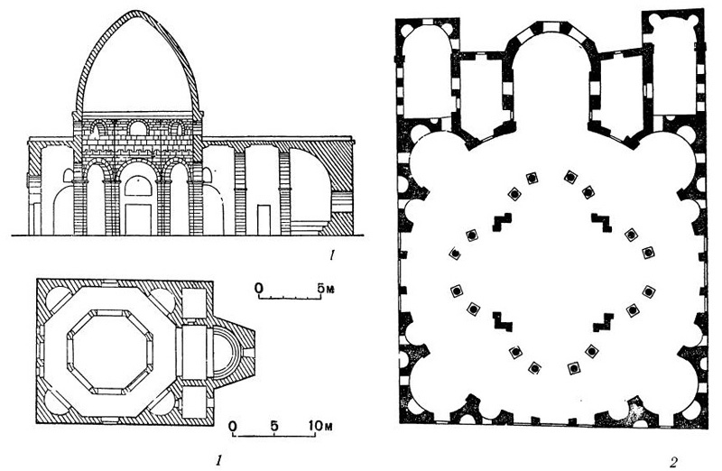 Византийские центрические здания в Сирии: 1 — церковь в Эсре, 510—515 гг. (план и разрез); 2 — церковь в Босре, 512—513 гг.