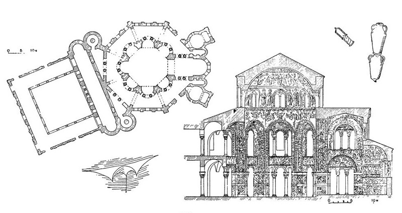 Равенна. Церковь Виталия, окончена в 547 г.: план; разрез; керамические сосуды, из которых сложен купол; тромп