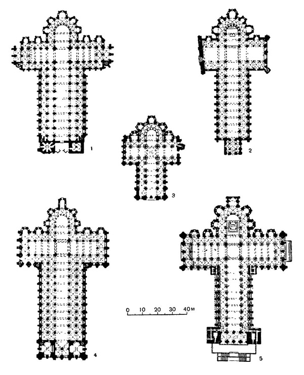 Паломнические церкви, XI в.: 1 — Сен Мартен в Туре; 2 — Сен Марсиаль в Лиможе; 3 — Сент Фуа в Конке; 4 — Сен Сернен в Тулузе; 5 — Сантьяго-де-Компостела