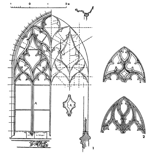 Готические окна: 1 — построение позднеготического окна «пламенеющей» формы; 2 — позднеготические окна с мотивом рыбьего пузыря