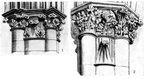 Капители готических опор: 1 — Оксер, собор, середина XIII в.; 2 — Амьен, собор, середина XIII в.
