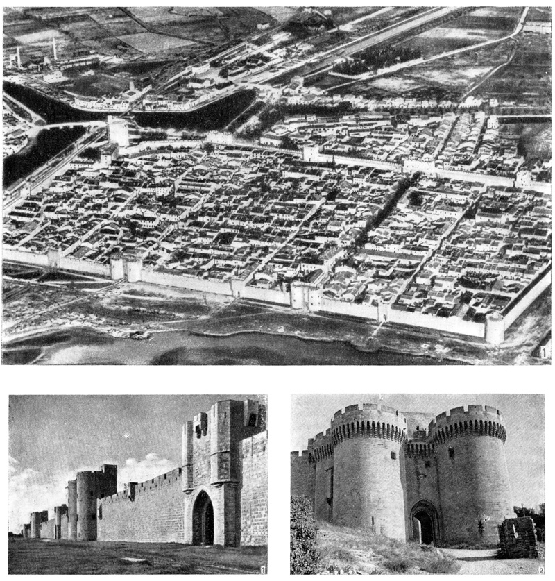 Эг-Морт, XIII в. Вид с птичьего полета и городская стена (1); Вильнёв-лез’Авиньон, ворота форта Сент Андрэ, 1364—1368 гг. (2)
