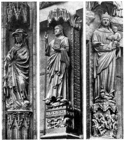 Амьен. Собор. Скульптуры: 1 — «Великий кардинал» 2 — «Прекрасный бог Амьена»; 3 — «Золочёная Дева»