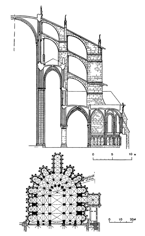 Ле-Ман. Собор, хор — 1217—1254 гг., остальная часть собора — XIV—XV вв.