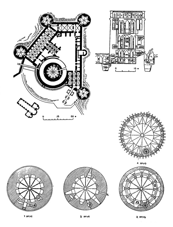 Куси. Замок, 1225—1240 гг. Генеральный план замка; планы и разрез донжона