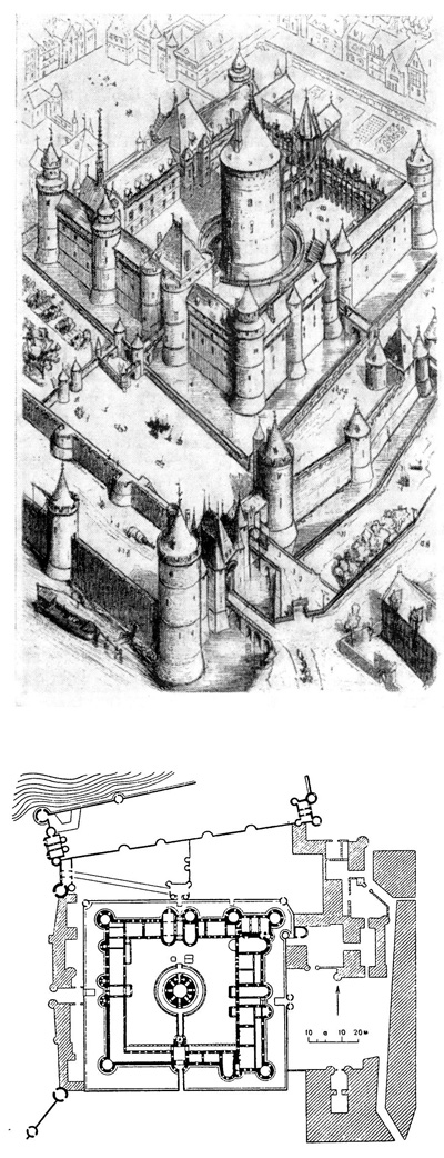 Париж. Замок Лувр, XIII—XIV вв. Аксонометрия и план. Реконструкция Виолле ле Дюка