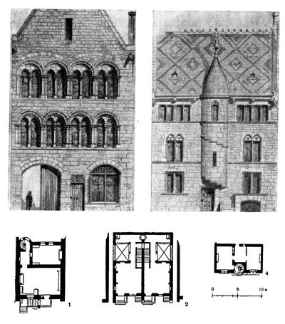 Жилые дома: 1 — тип планировки, распространенный в Бургундии, Шампани, Нивернэ; 2 — дом в Монреале, XIII в.; 3 — дом в Амьене, середина XIII в.; 4 — тип дома, распространенный в Бургундии