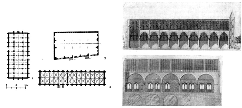 Аббатство Мобюисон, амбар, XIII в. (1); Анжер, амбар при госпитале, 1184 г. (2); аббатство Воклер, амбар (3)
