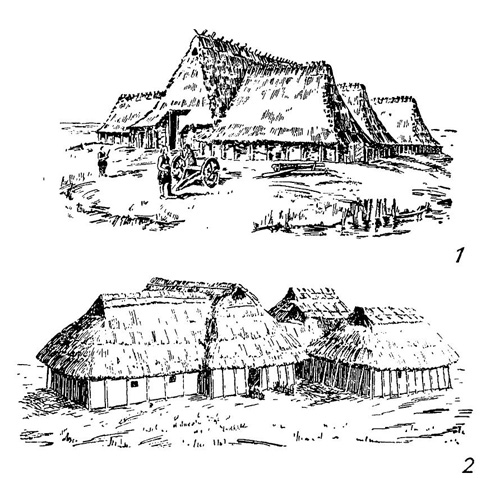 Городища Гольберг (1) и Эцинге (2). Типы жилищ времени гальштатской культуры