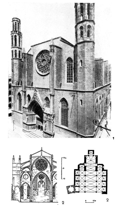 Барселона. Церковь Санта Мариа дель Мар. 1328—1383 гг. (1); Пальма на острове Мальорка. Собор, начат в 1329 г. (2)