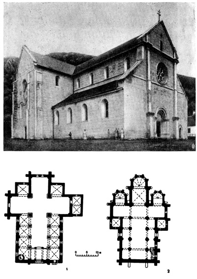 Белапатфальва. Церковь цистерцианского монастыря, начата в 1232 г. (1); Оча. Церковь премонстрантского монастыря, 1-я половина XIII в. (2)